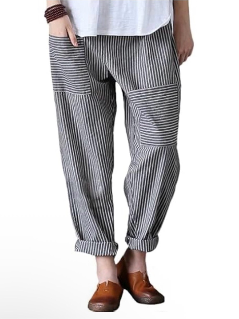 Striped Casual Women’s Pants - Grey/White